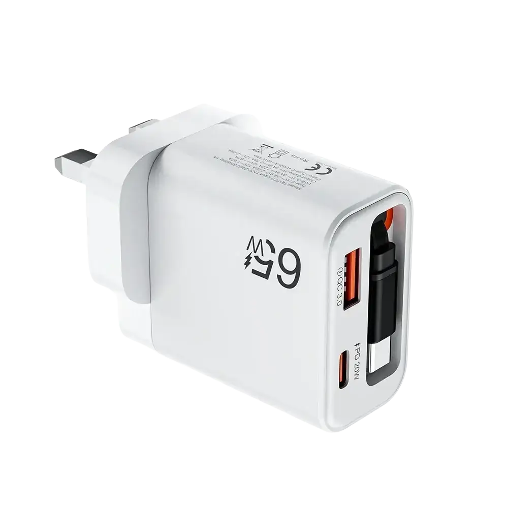 White 65w usb-c fast charging phone charger with dual ports usb-a and usb-c and retractable cable feature