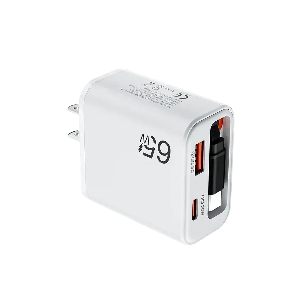 White 65w fast charging phone charger with dual usb-c ports featuring orange and black accents and retractable cable