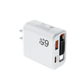 White 65w fast charging phone charger with dual usb-c ports featuring orange and black accents and retractable cable