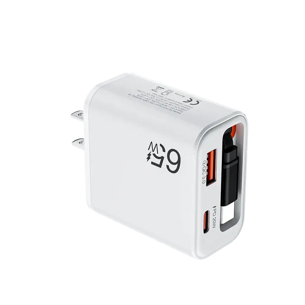 White 65w fast charging phone charger with dual usb-a and usb-c ports and retractable cable feature
