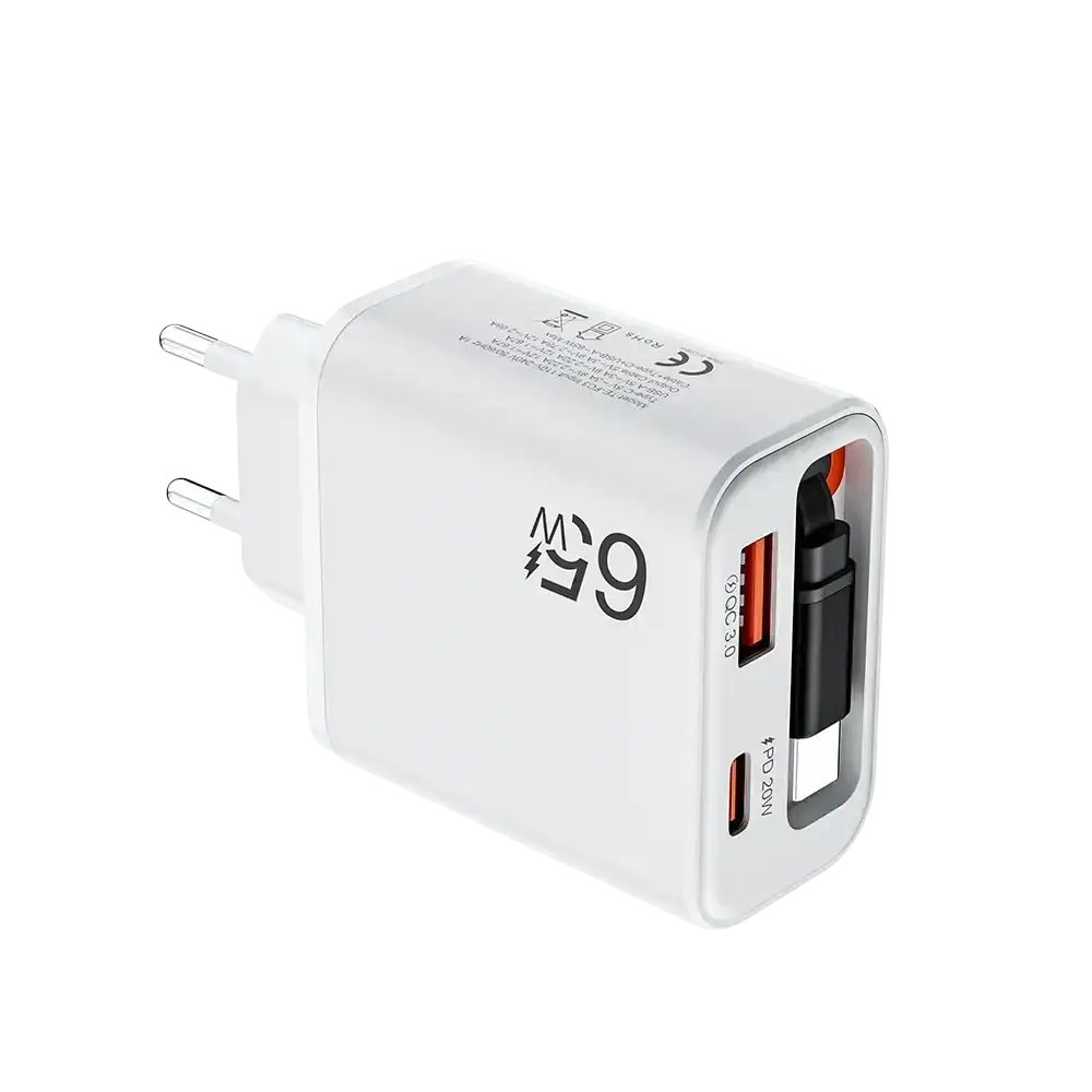 White 65w fast charging phone charger with dual usb-a and usb-c ports and retractable cable for convenient use