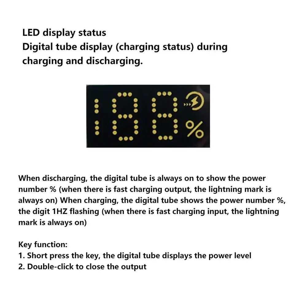 Yellow digital tube display showing 18% battery with lightning bolt on fast charging power bank diy module ip5356 5v3a afc fcp