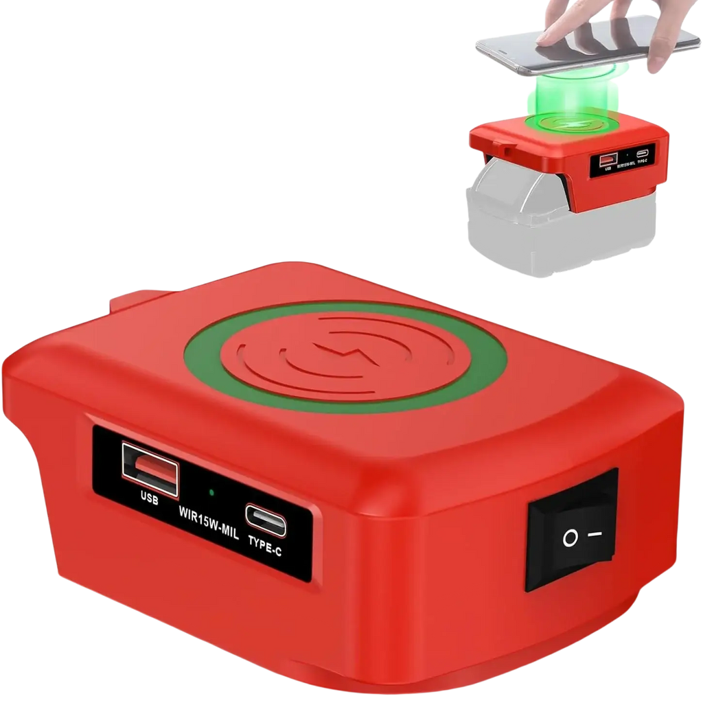 Red rectangular fast charging wireless battery adapter with green charging pad and usb ports for Makita Milwaukee Dewalt