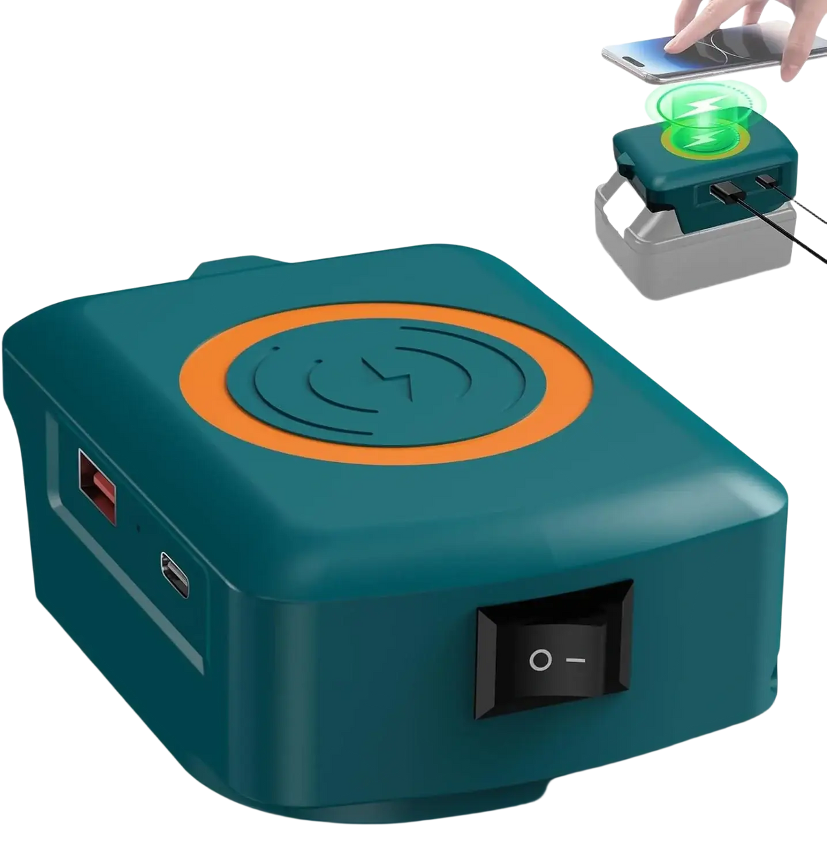Fast charging teal and orange wireless battery adapter with multiple ports and power switch for makita milwaukee dewalt