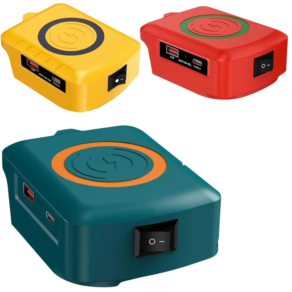 Fast charging wireless battery adapters in yellow red and teal with circular pads and usb ports for makita dewalt milwaukee tools