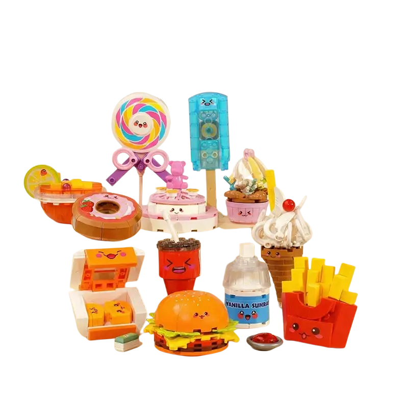A cheerful bright-colored fast food micro building block toy set featuring six fun food-themed shapes including a hamburger with green lettuce and yellow cheese