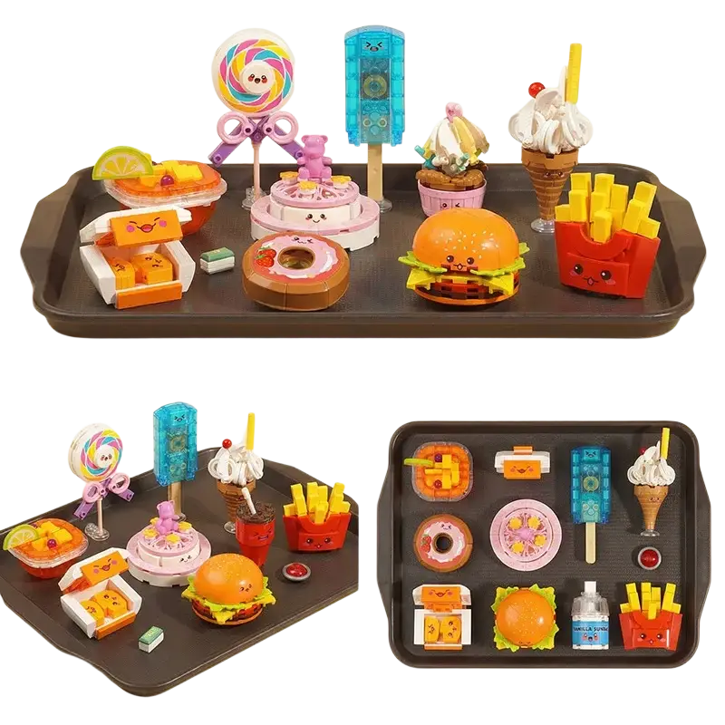 A cheerful orange lego burger with green lettuce smiling face made from colorful plastic bricks in a fast food toy set