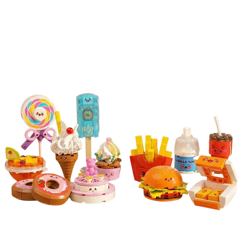 Fast food micro building block toy set featuring a colorful kawaii-style lego orange burger with lettuce and cheese