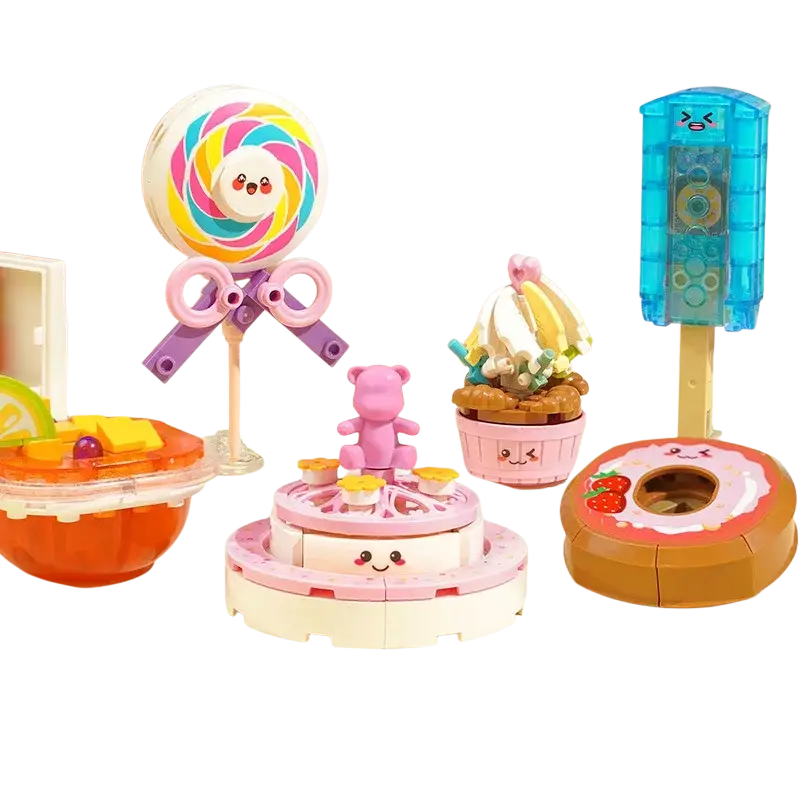 Fast food micro building block toy set featuring a colorful rainbow-swirled lollipop with a cute face and purple ribbon