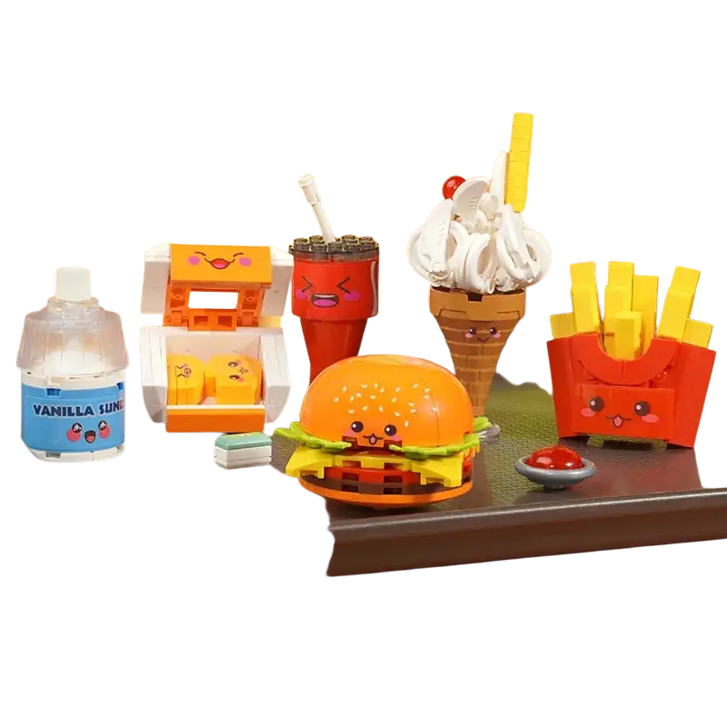 Fast food micro building block toy set orange and yellow plastic hamburger with green lettuce red tomato and sesame bun