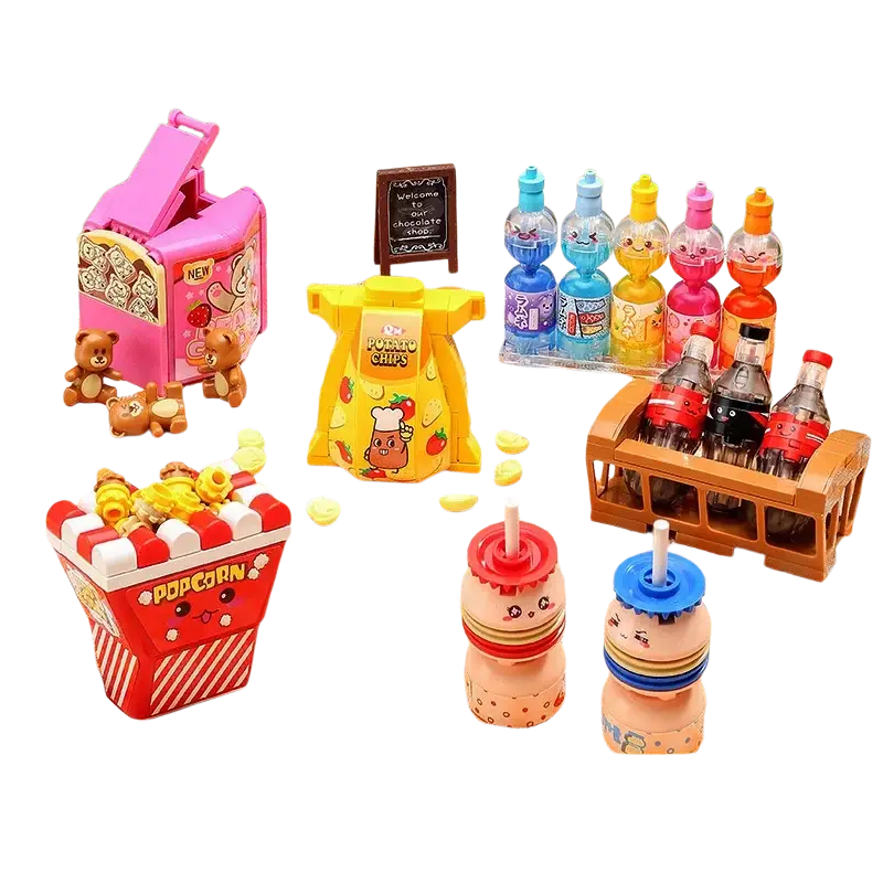 Pink plastic toy popcorn machine with cartoon bear design and new label from fast food micro building block set