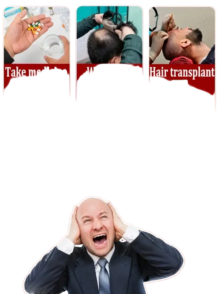 A bald man in a dark suit and light blue tie distressed while promoting fast hair growth essential oil 30ml bottle