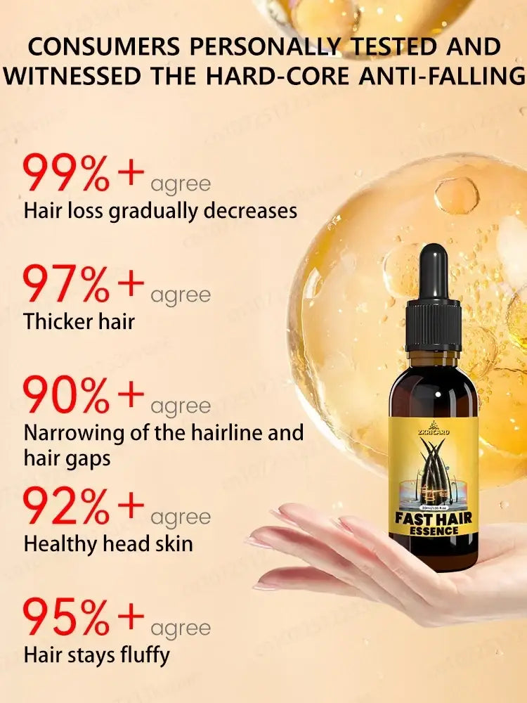 A dark amber glass bottle with black dropper cap and yellow label fast hair essence for fast hair growth 30ml
