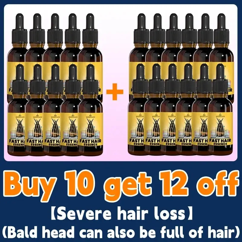 Dark amber glass bottles with black dropper caps and yellow labels featuring a stylized hair icon labeled fast hair essence for hair growth essential oil 30ml