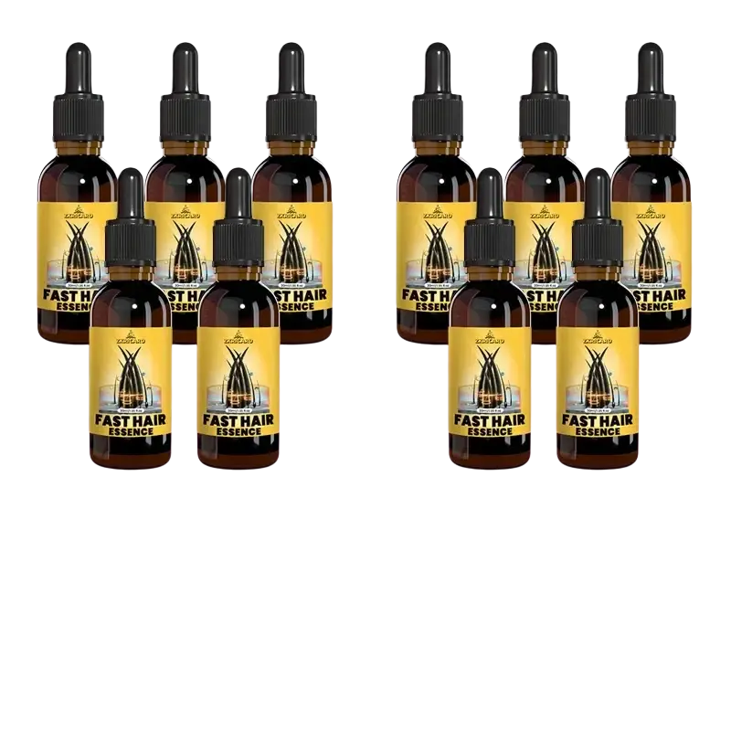 Ten amber glass bottles with black droppers and yellow labels of zanliao fast hair essence essential oil 30ml