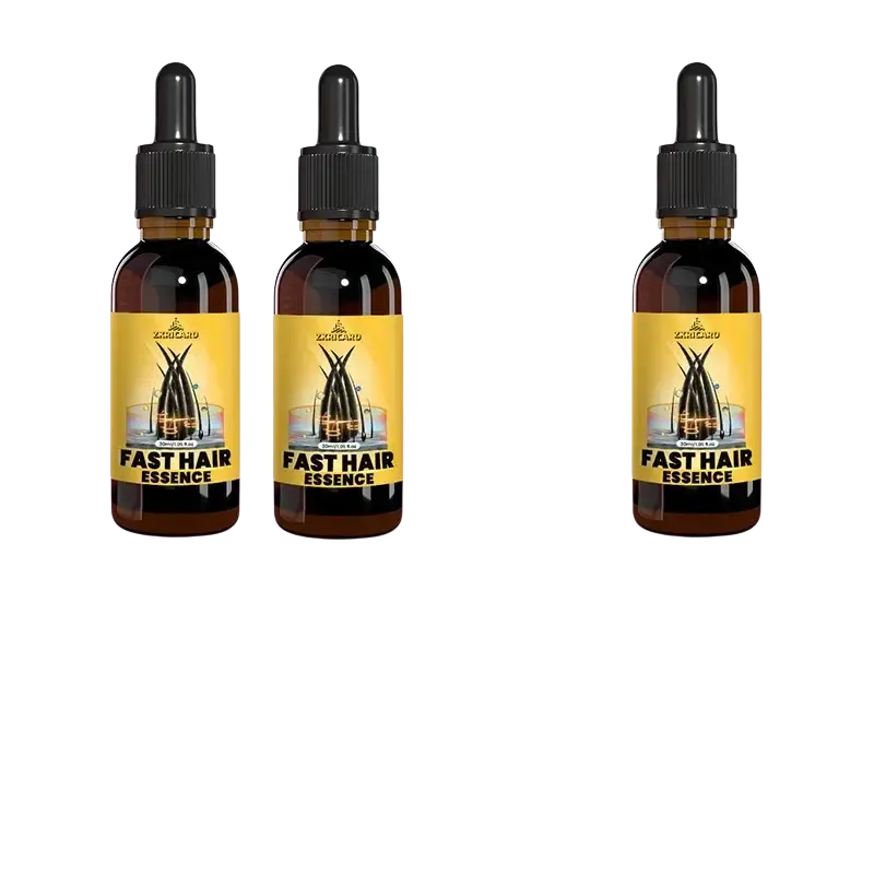 Three amber glass bottles with black droppers and yellow zonicard labels for fast hair growth essential oil 30ml