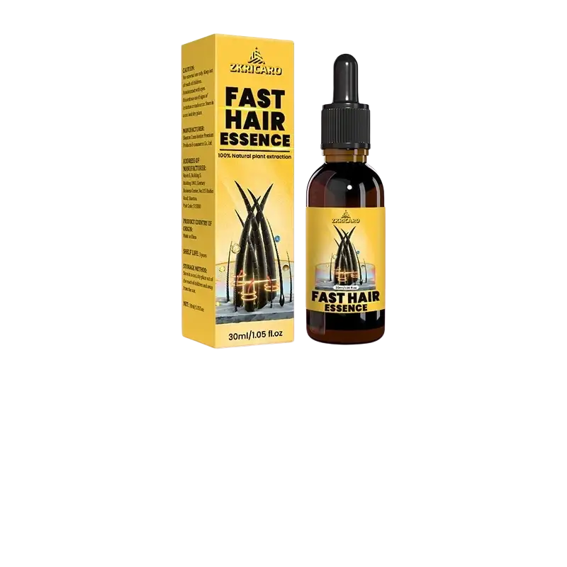 Zkicaro fast hair growth essential oil 30ml in a dark amber glass bottle with black dropper and yellow hair strand packaging