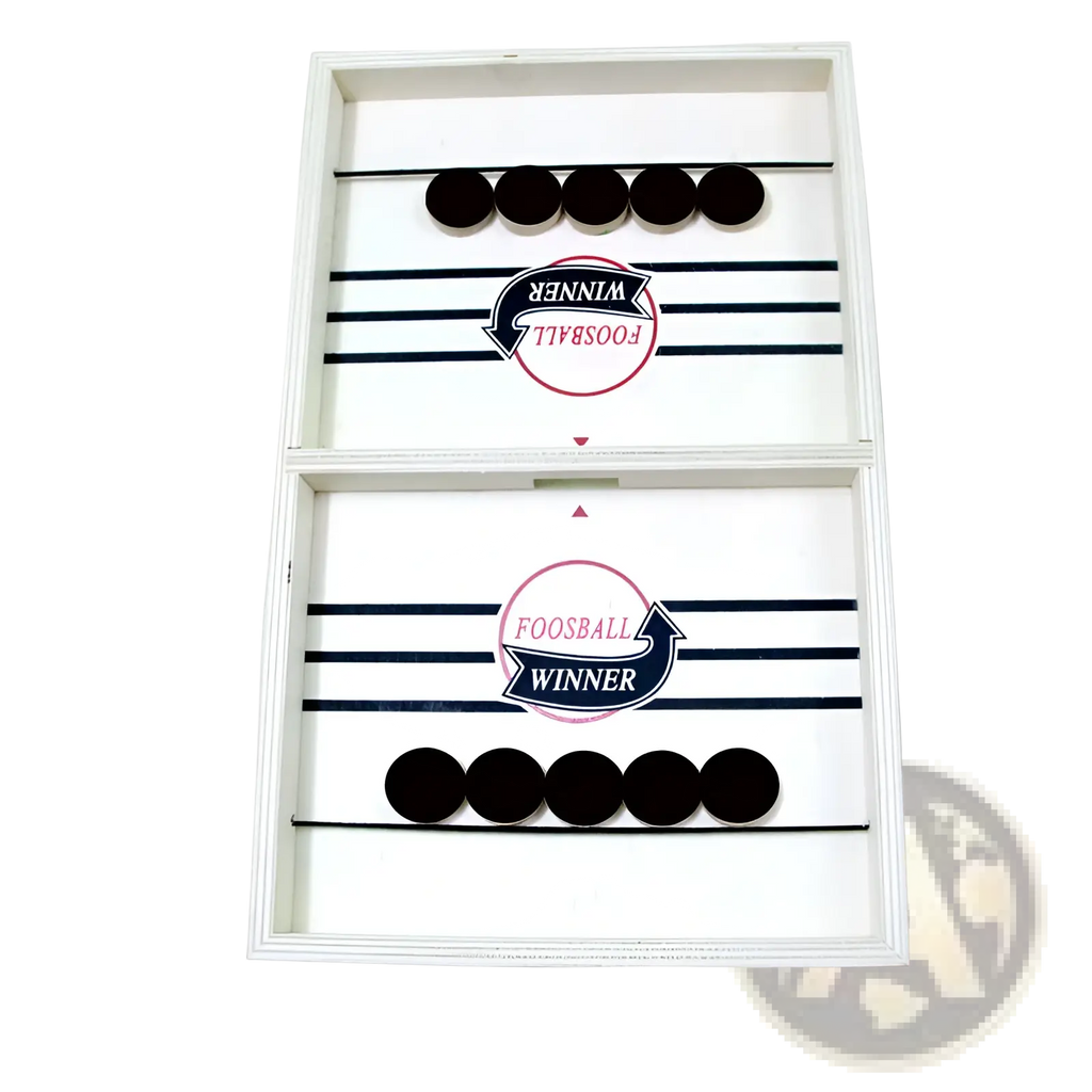 Fast Sling Puck Game wooden foosball winner board with white wood, navy blue stripes, and pink navy logos