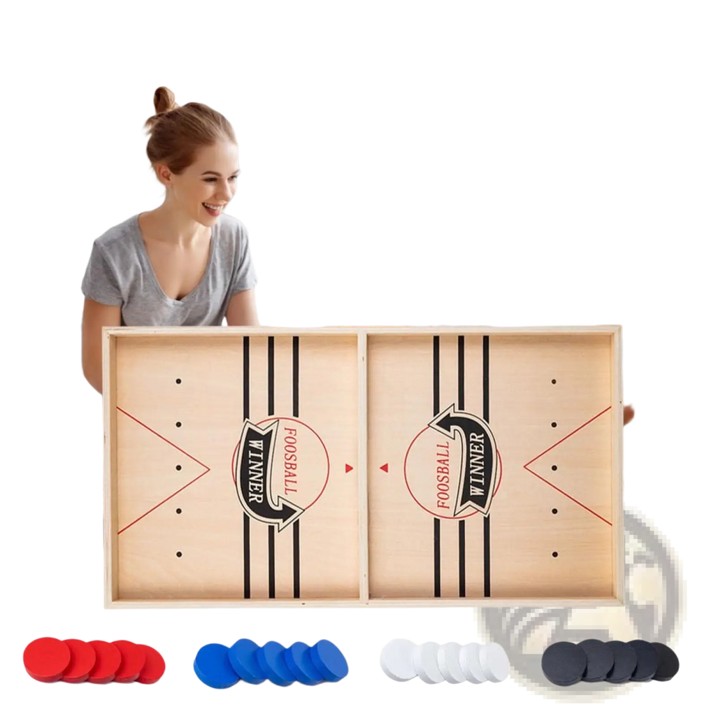 Light wood-finish foosball table with black and red markings featuring winner logos on each side for fast sling puck game