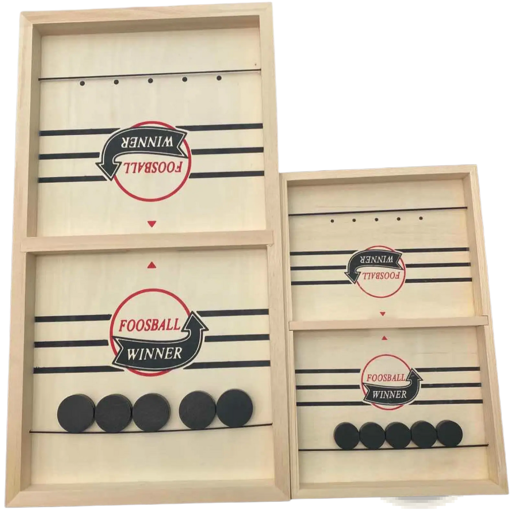 Fast sling puck game wooden foosball winner board with light wood frame and black circular player pieces on red and black logos