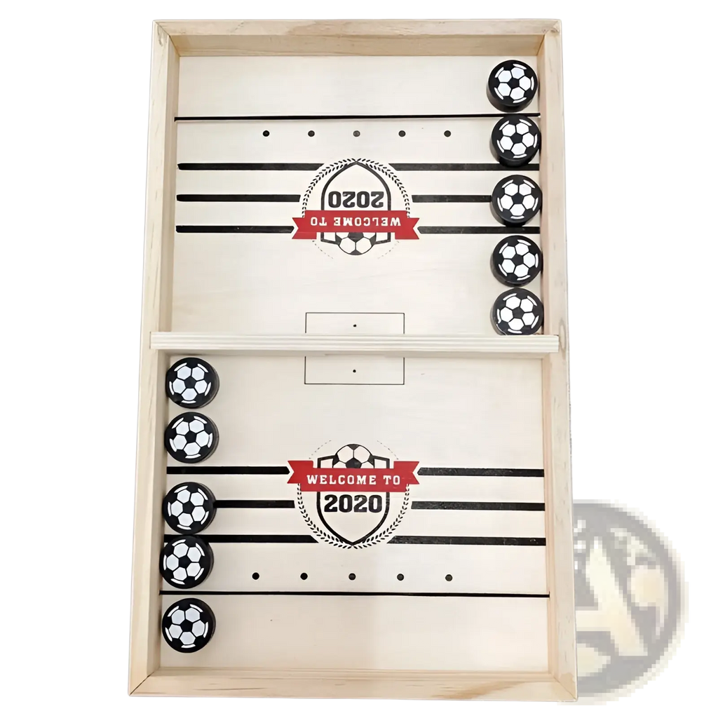 Fast Sling puck game wooden foosball winner board with light wood frame and black and white ball-shaped pieces
