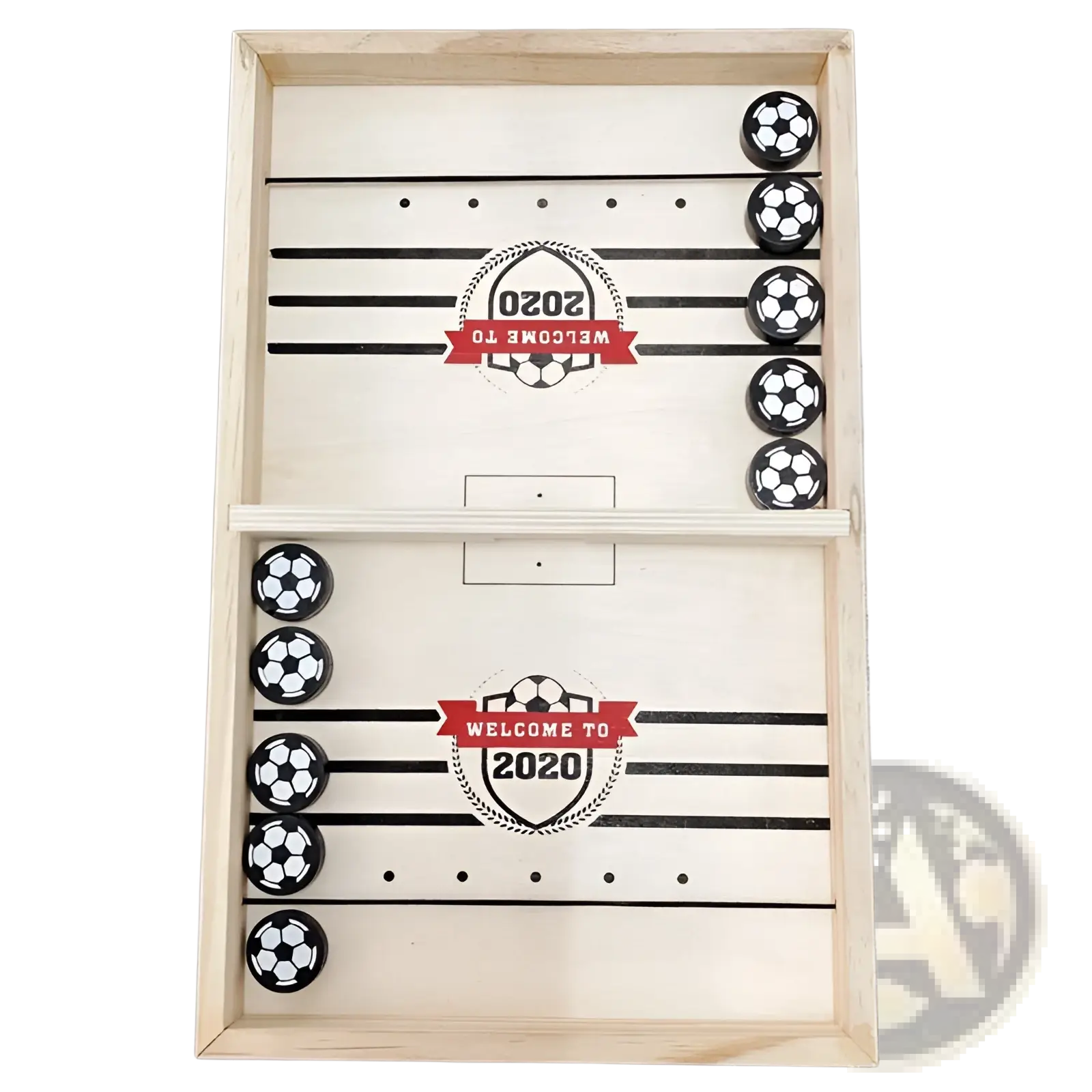 Fast Sling puck game wooden foosball winner board with light wood frame and black and white ball-shaped pieces