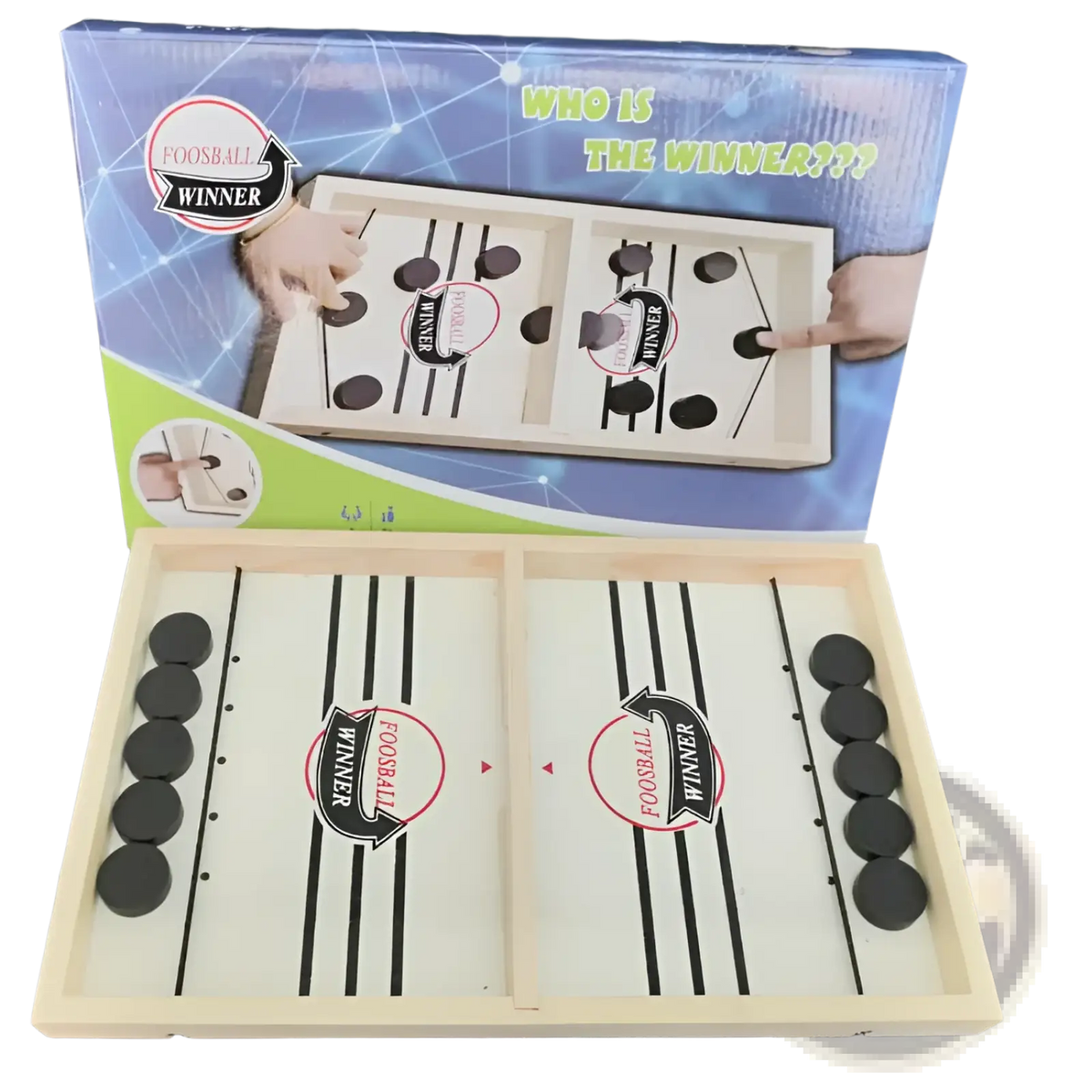 Wooden Fast Sling Puck game foosball winner board with black circular pucks on a light-colored playing surface