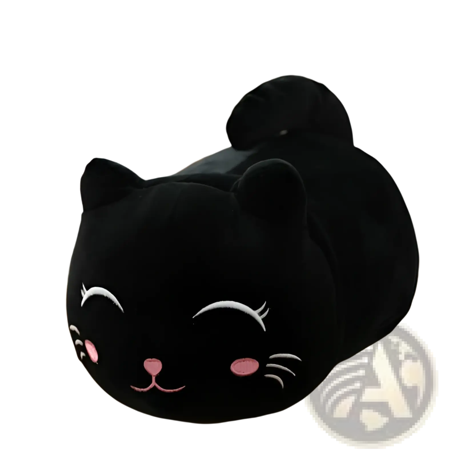 Black plush cat-shaped tissue box cover with embroidered white eyelashes pink cheeks and nose soft stuffed toy