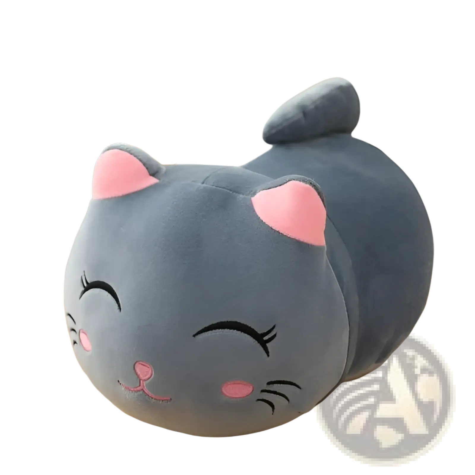 Gray plush cat pillow with pink inner ears nose and cheeks soft stuffed animal toy for comfort and decor