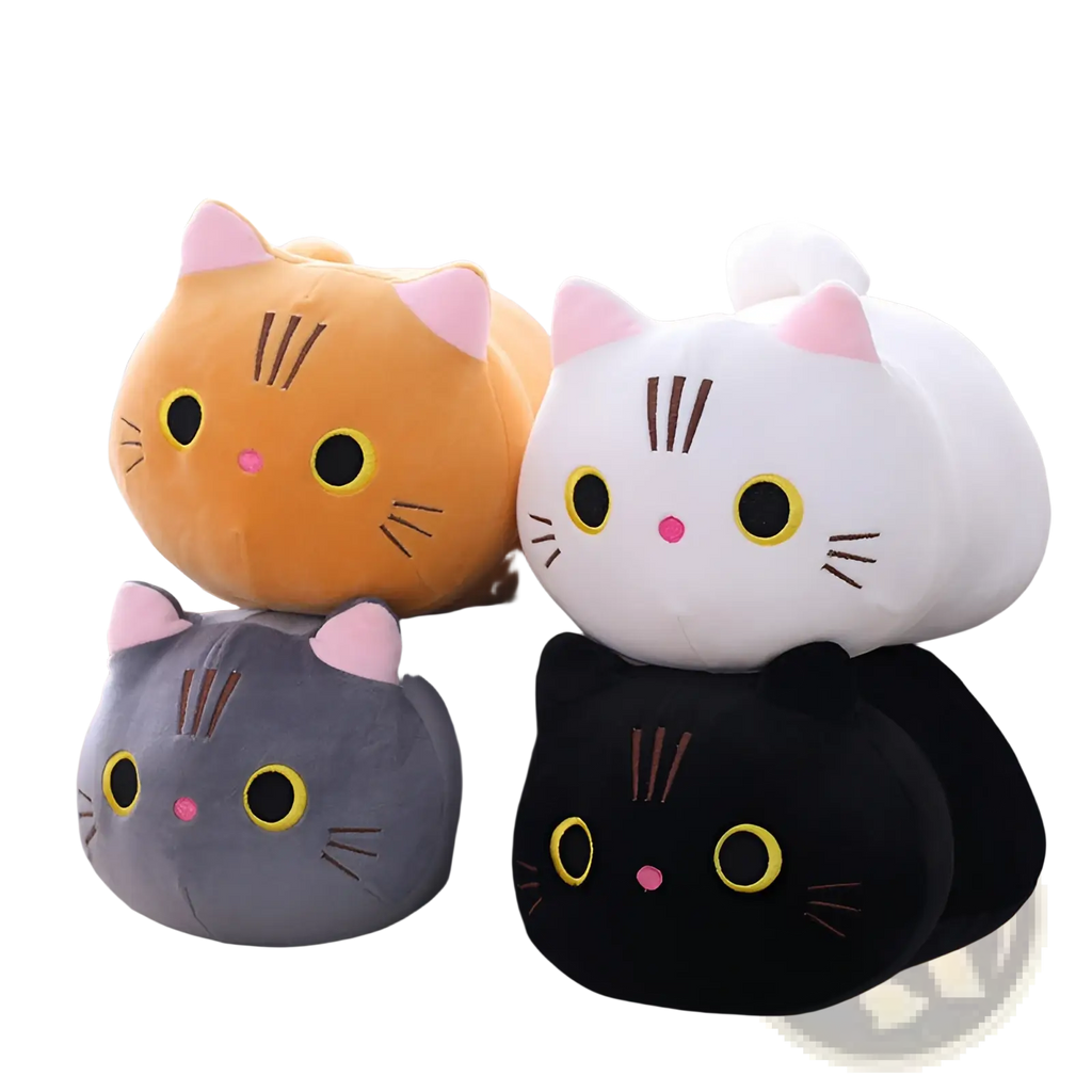 Fat cat plush pillow soft stuffed animal toy in orange white gray and black with pink ears and embroidered features