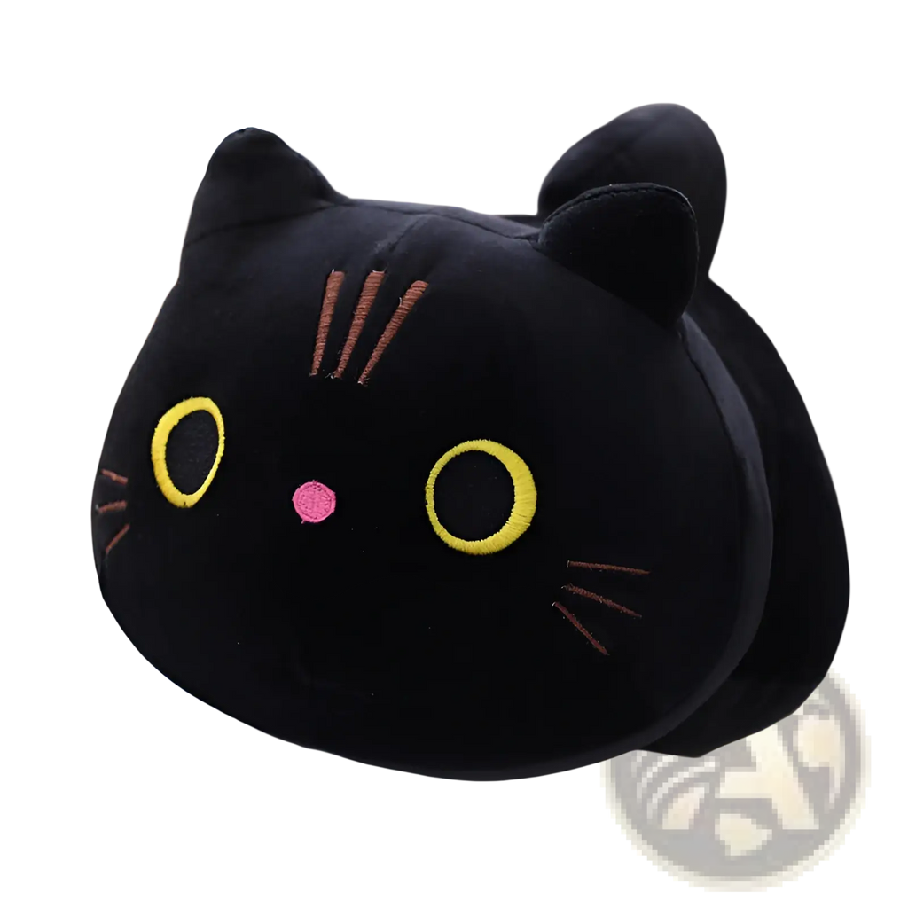 Fat cat plush pillow soft stuffed animal toy black plush with embroidered yellow eyes pink nose and brown whiskers