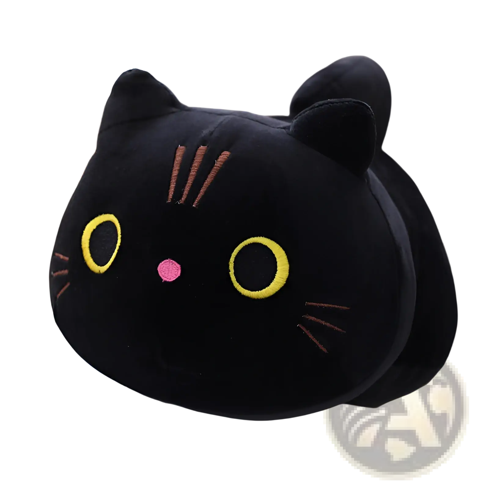 Fat cat plush pillow soft stuffed animal toy black plush with embroidered yellow eyes pink nose and brown whiskers