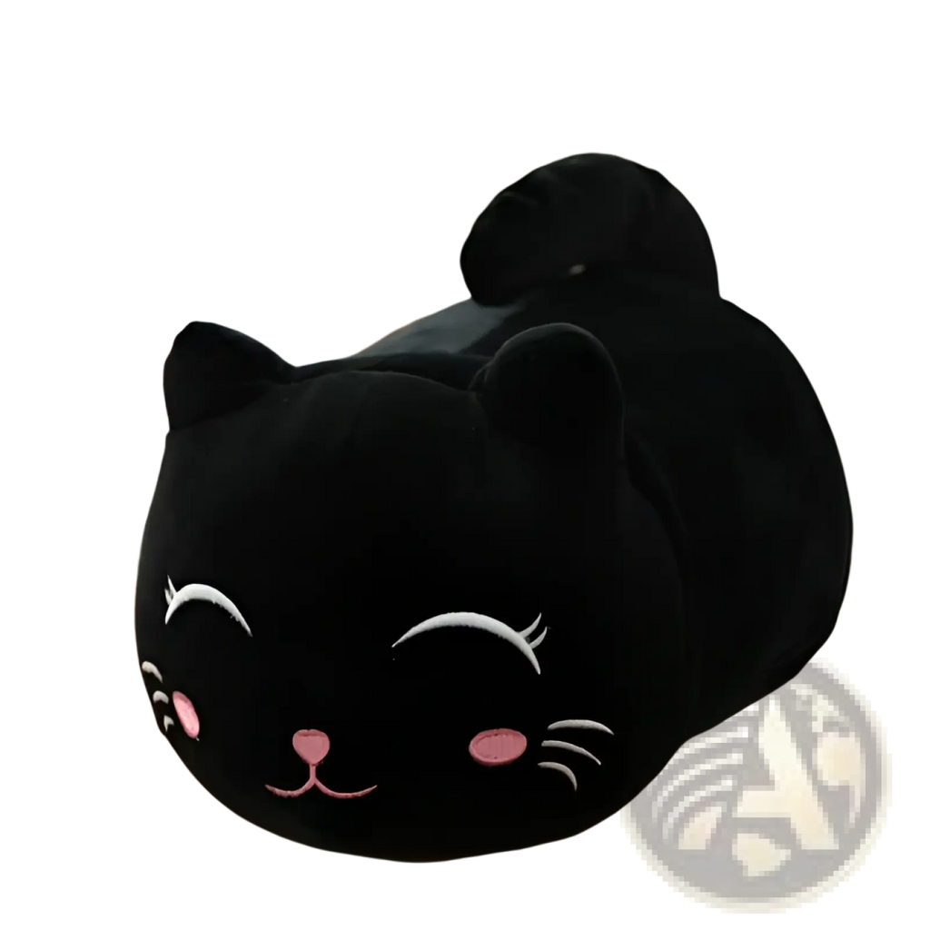 Black plush fat cat tissue box cover with embroidered white eyelashes pink cheeks and nose soft stuffed animal toy