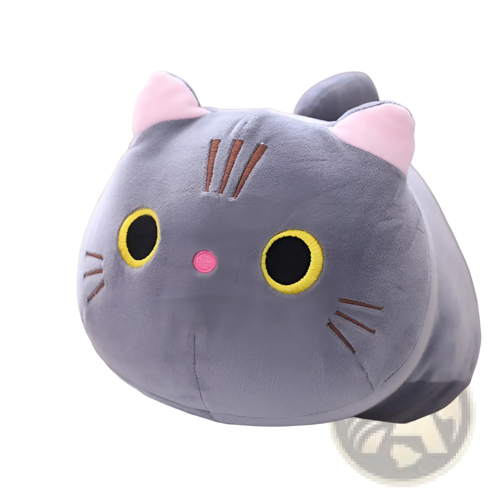 Fat cat plush pillow soft stuffed animal toy in gray with pink inner ears yellow-rimmed eyes and embroidered whiskers