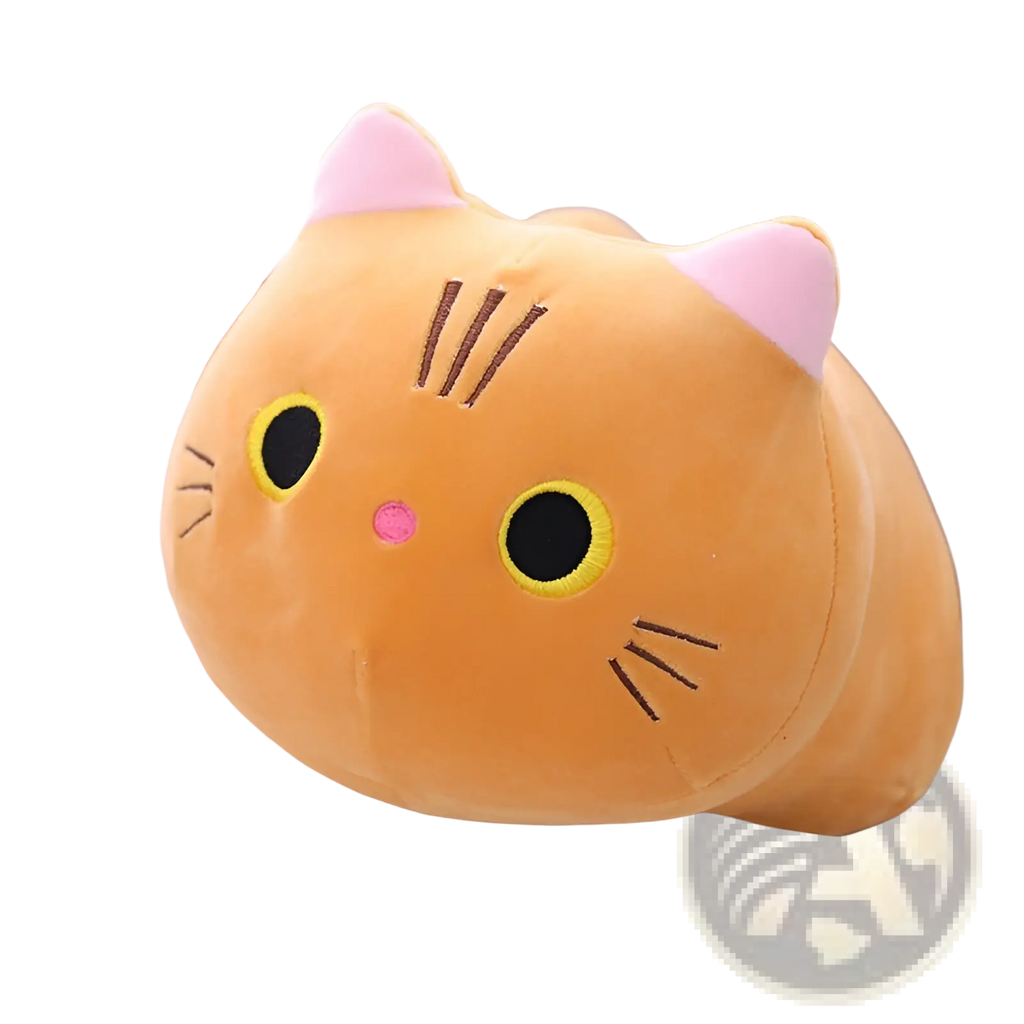 Fat cat plush pillow soft stuffed animal toy features a plush orange cat with pink ears and yellow-outlined black eyes