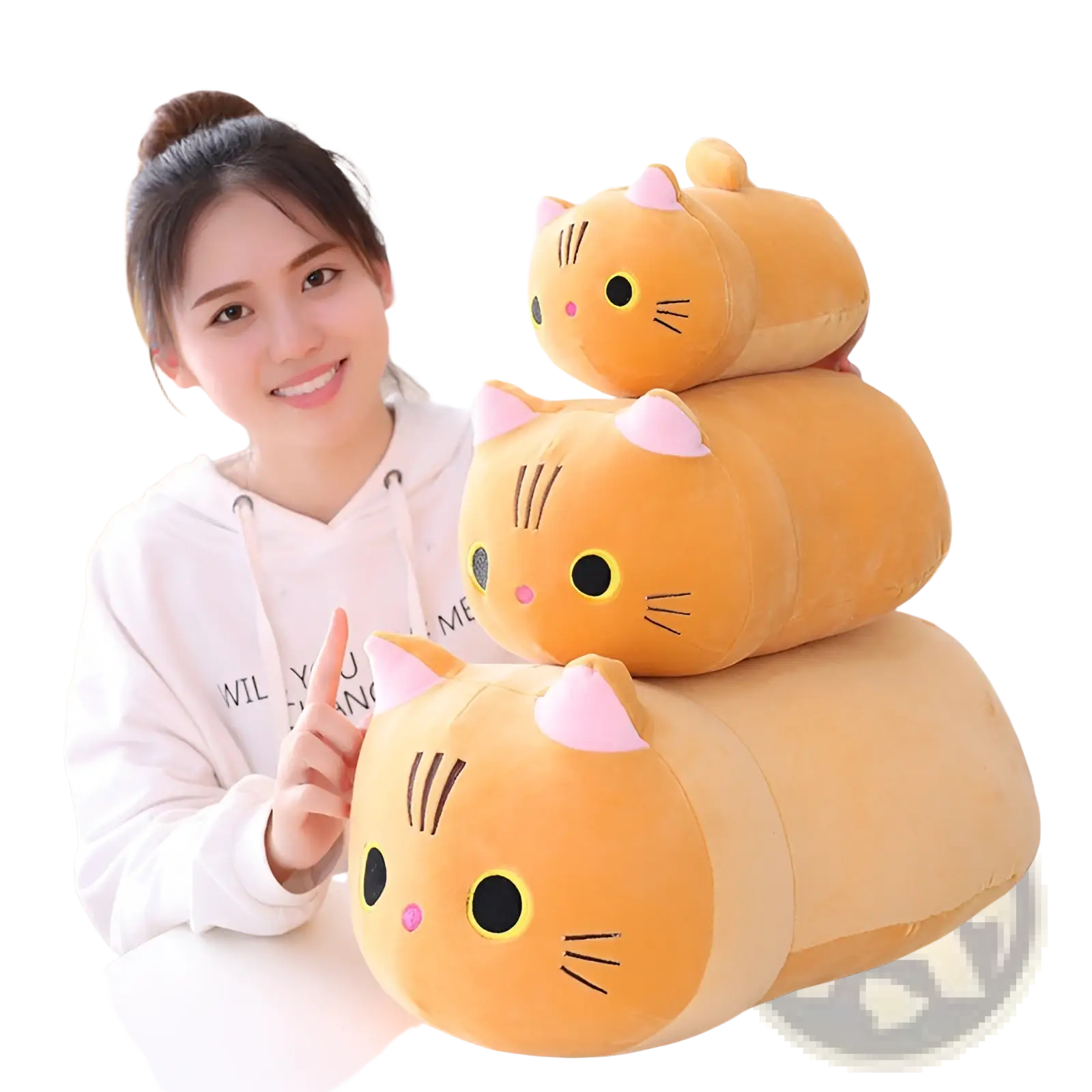 Stack of three plush orange fat cat plush pillow soft stuffed animal toys with pink inner ears and black eyes