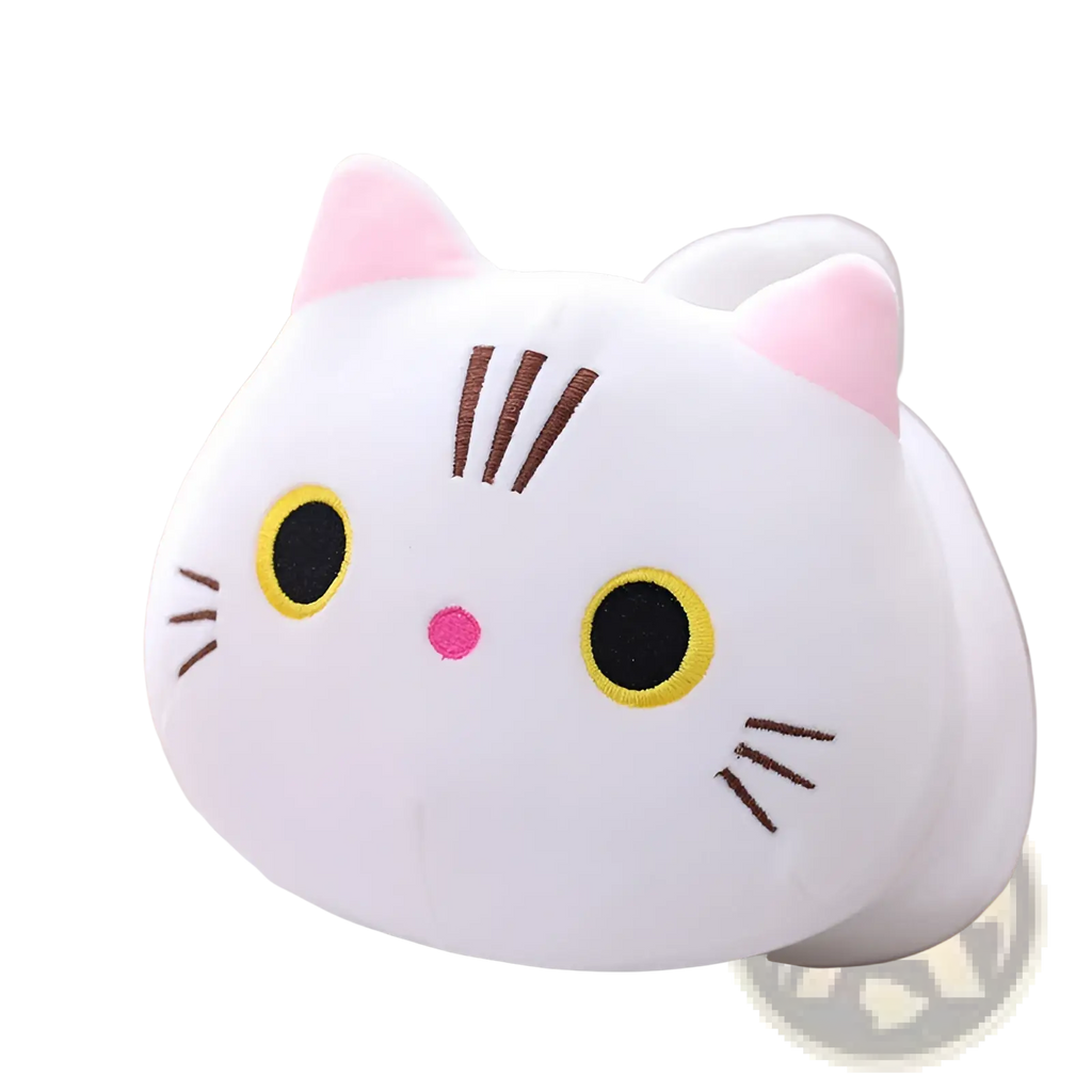 Fat cat plush pillow soft stuffed animal toy with white plush, pink inner ears, yellow-rimmed black eyes, and small pink nose