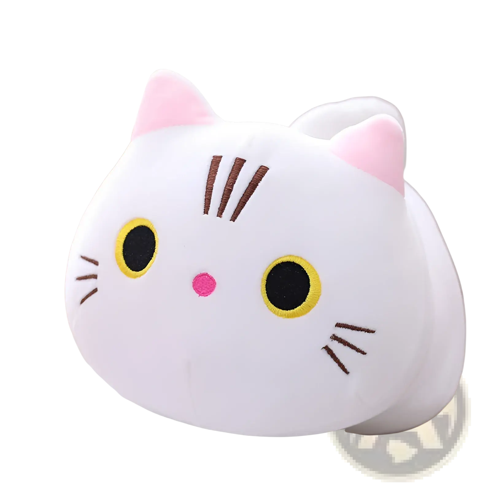 Fat cat plush pillow soft stuffed animal toy with white plush, pink inner ears, yellow-rimmed black eyes, and small pink nose