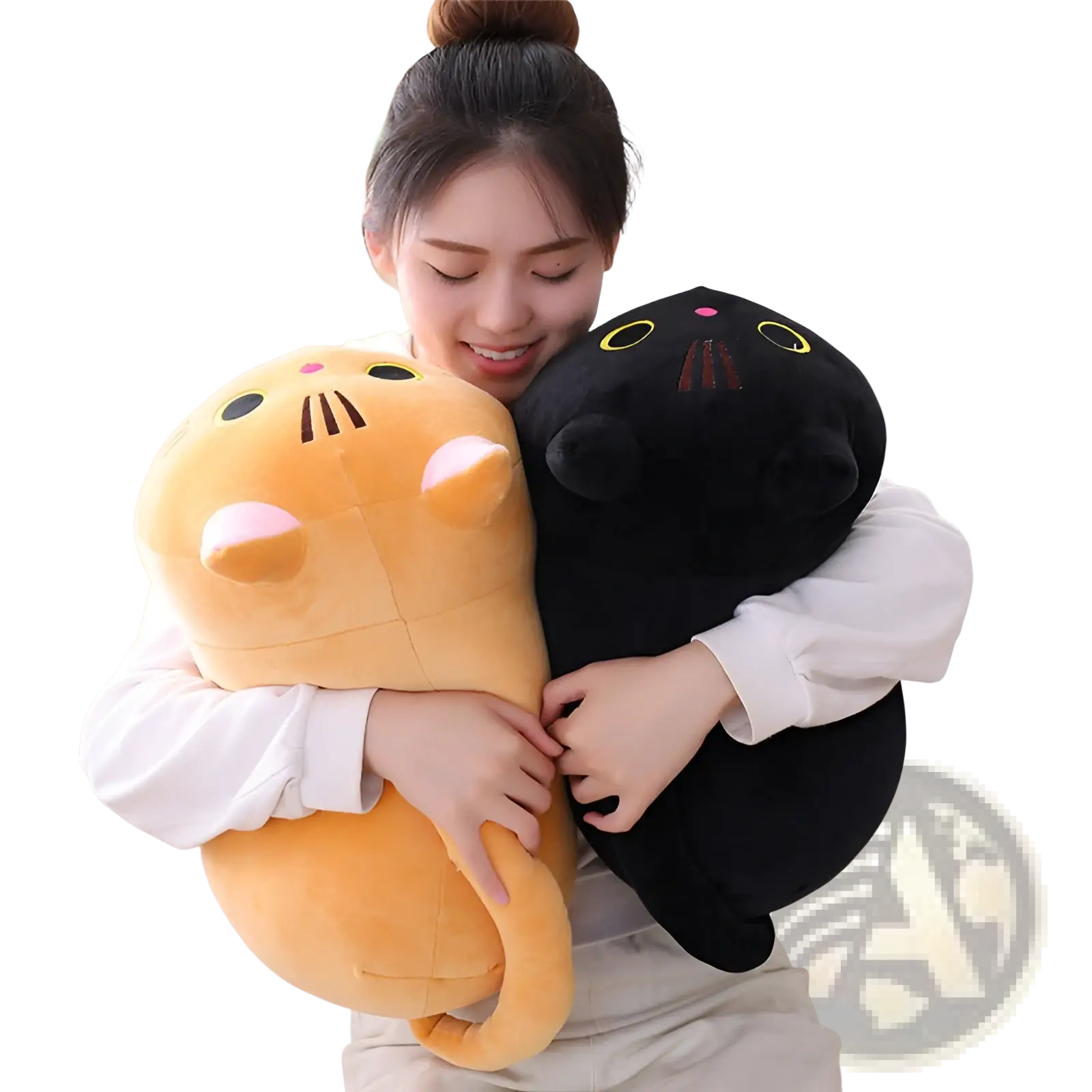Fat cat plush pillow soft stuffed animal toy featuring yellow and black plush fabric with embroidered facial features