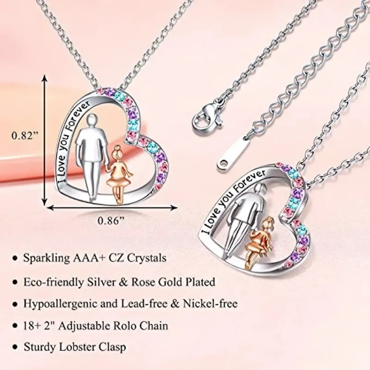 Heart-shaped father daughter necklace with silver and rose gold plating, engraved message, and purple blue cz crystals