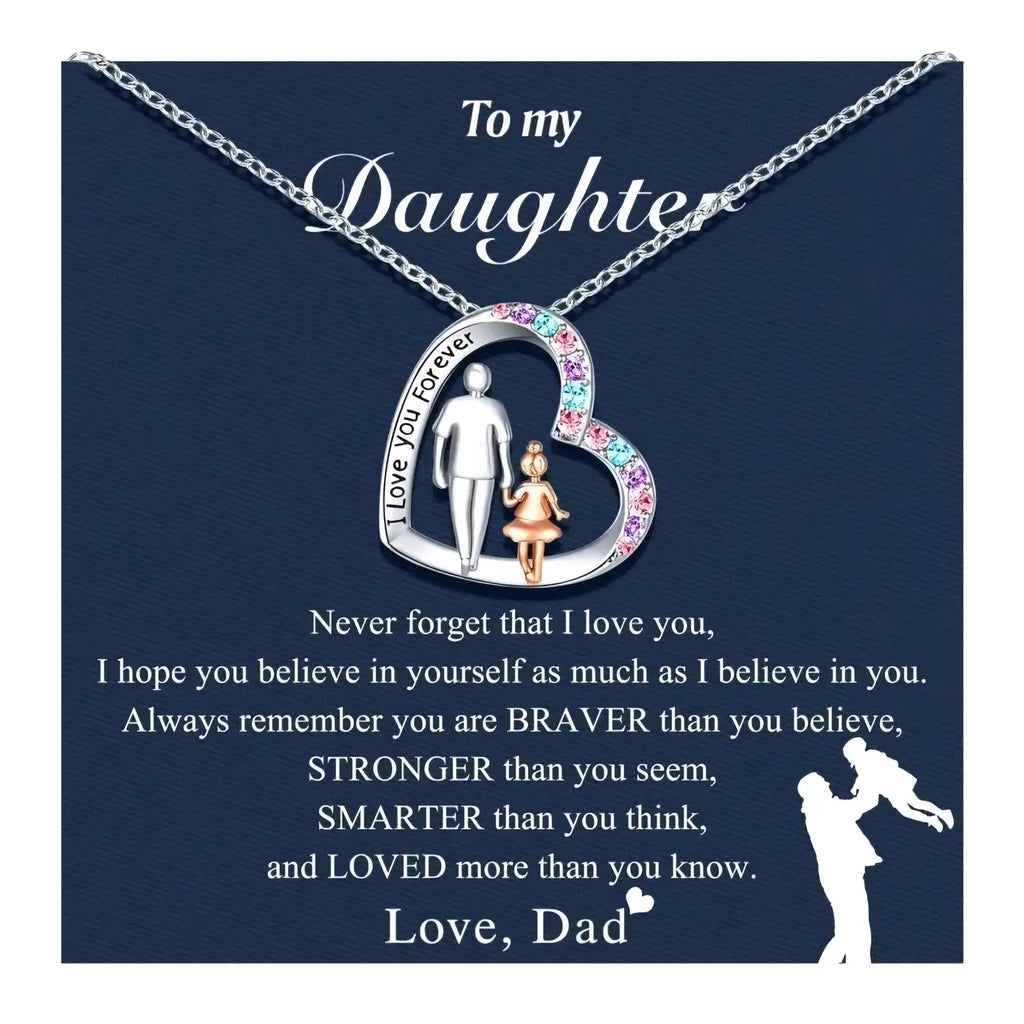 Silver and rose gold heart-shaped father daughter necklace with engraved i love you forever and colorful gemstones border