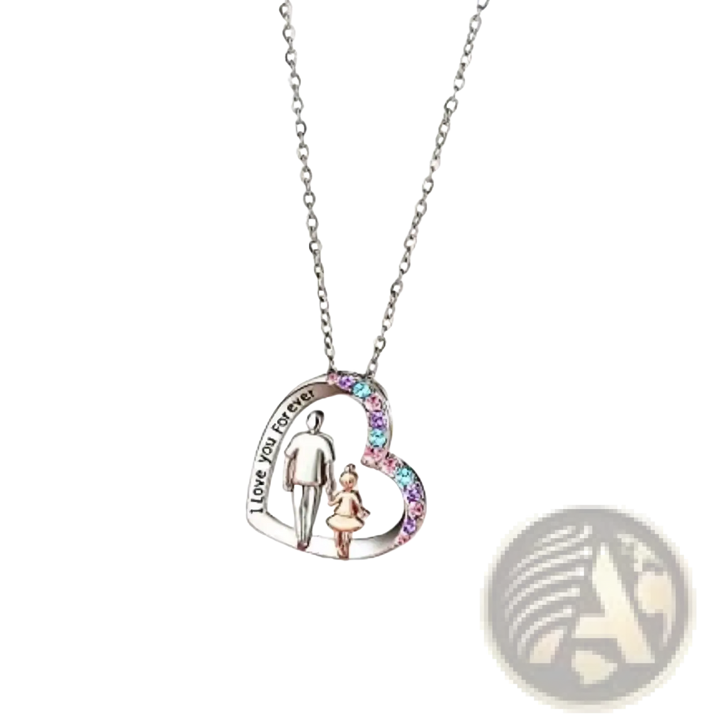Father daughter heart necklace in silver featuring engraved i love you forever and colorful rhinestones border