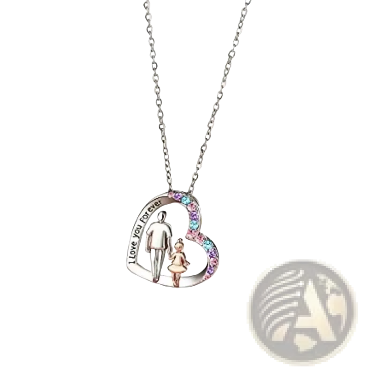 Father daughter heart necklace in silver featuring engraved i love you forever and colorful rhinestones border