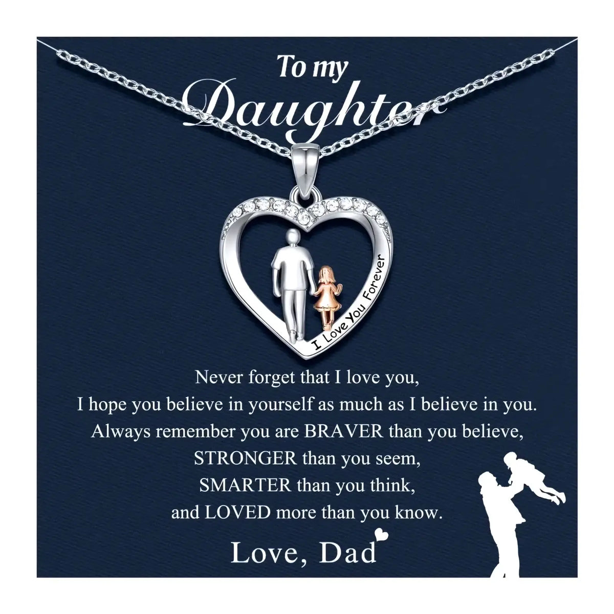 Silver heart-shaped pendant necklace with father and daughter silhouette and clear crystal border memorial jewelry