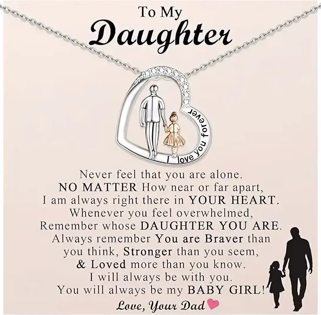 Silver heart-shaped pendant necklace with father and daughter silhouette and clear stone border memorial jewelry