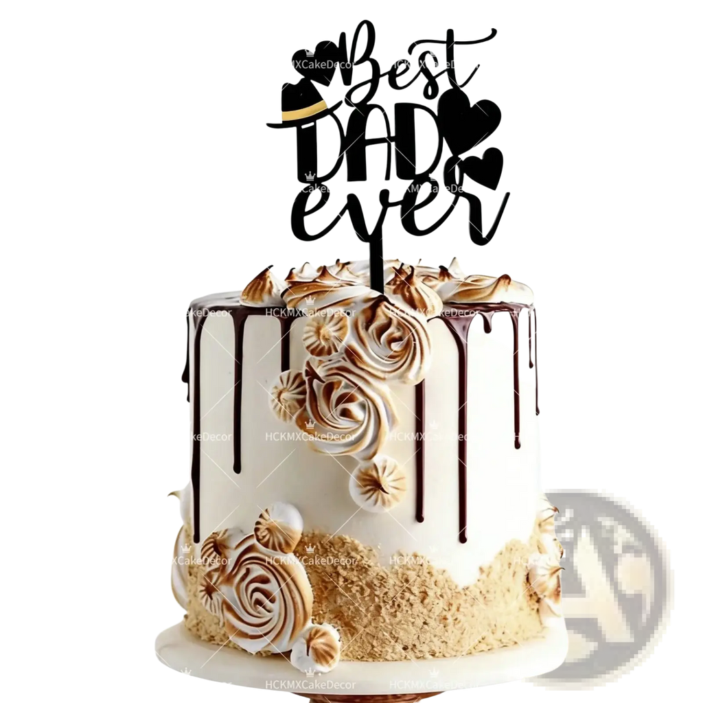Black acrylic best dad ever cake topper with heart accents and hat silhouette for Father’s Day celebration
