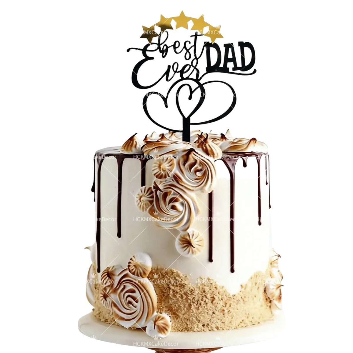 A black and gold acrylic best ever dad cake topper with heart design and five golden stars for Father’s Day