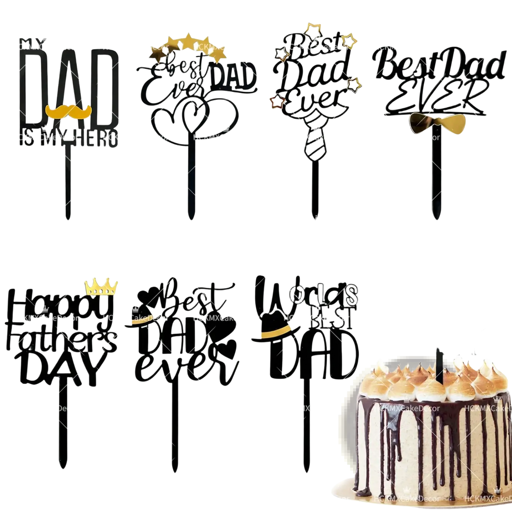 Black and gold best dad ever acrylic cake topper with stars hearts and tie design for father’s day celebration