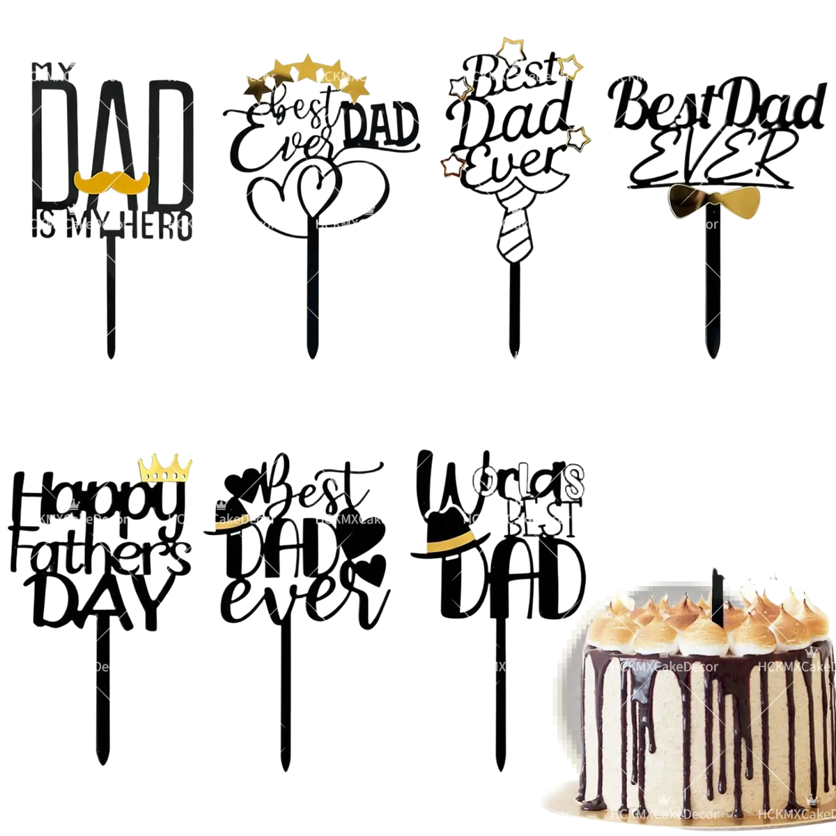 Black and gold best dad ever acrylic cake topper with stars hearts and tie design for father’s day celebration