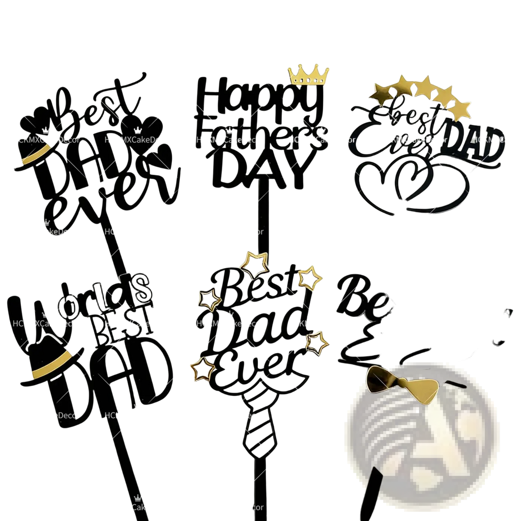 Black and gold father’s day acrylic cake topper set featuring best dad ever text with crowns stars ties and bowties